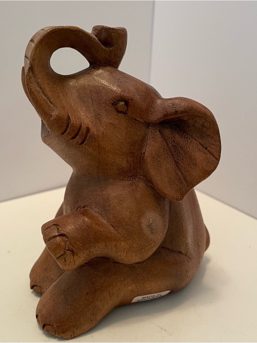 Handcrafted Wooden Elephant Figurine Indonesia Trunk Up Sitting 5.25”